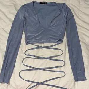 PrettyLittleThing Dusty Blue Long Sleeve Wrap Crop Top
